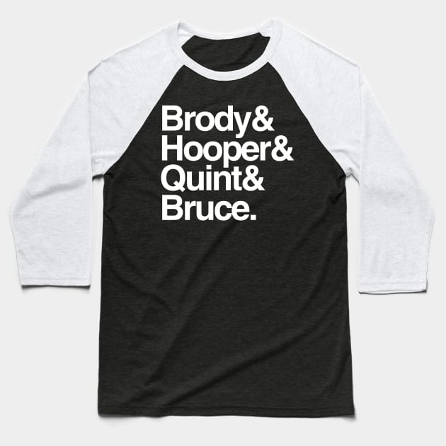 Jaws - Brody and Hooper and Quint and Bruce Baseball T-Shirt by GoldenGear